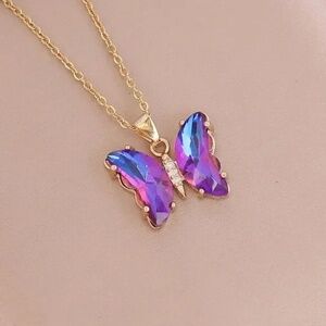 3/$35 Purple Butterfly Pendant Necklace Iridescent Crystal Gold Chain Jewelry